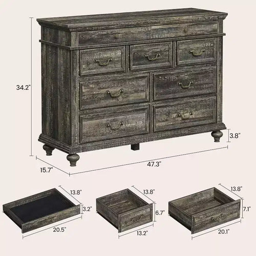 Comò rustico da 47 pollici per camera da letto con 9 cassetti, mobile in legno con maniglie vintage in metallo per camera da letto