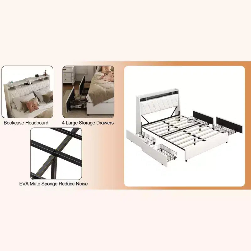 Okak Letto a piattaforma completo/queen size con 4 cassetti portaoggetti rivestiti, con prese di corrente e caricatore, telaio in metallo, non necessita di box spring, silenzioso