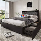 Okak Letto a piattaforma completo/queen size con 4 cassetti portaoggetti rivestiti, con prese di corrente e caricatore, telaio in metallo, non necessita di box spring, silenzioso