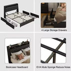 Okak Letto a piattaforma completo/queen size con 4 cassetti portaoggetti rivestiti, con prese di corrente e caricatore, telaio in metallo, non necessita di box spring, silenzioso
