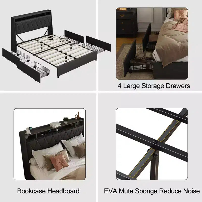 Okak Letto a piattaforma completo/queen size con 4 cassetti portaoggetti rivestiti, con prese di corrente e caricatore, telaio in metallo, non necessita di box spring, silenzioso