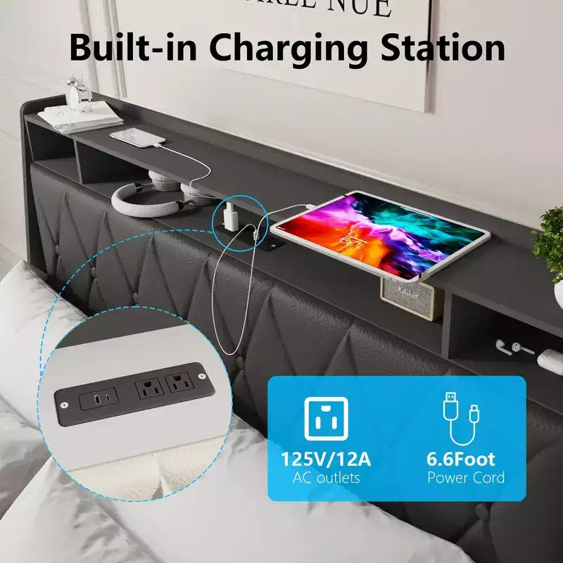 Okak Letto a piattaforma completo/queen size con 4 cassetti portaoggetti rivestiti, con prese di corrente e caricatore, telaio in metallo, non necessita di box spring, silenzioso