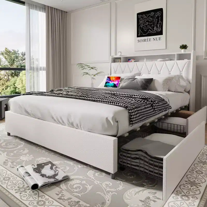 Okak Letto a piattaforma completo/queen size con 4 cassetti portaoggetti rivestiti, con prese di corrente e caricatore, telaio in metallo, non necessita di box spring, silenzioso