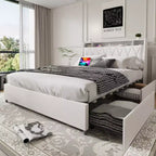 Okak Letto a piattaforma completo/queen size con 4 cassetti portaoggetti rivestiti, con prese di corrente e caricatore, telaio in metallo, non necessita di box spring, silenzioso