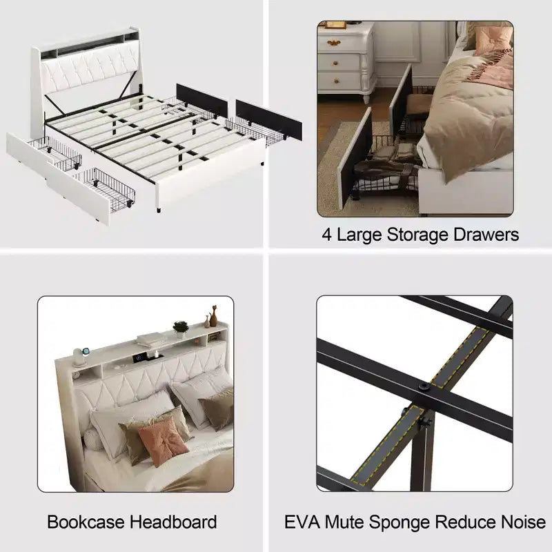 Okak Letto a piattaforma completo/queen size con 4 cassetti portaoggetti rivestiti, con prese di corrente e caricatore, telaio in metallo, non necessita di box spring, silenzioso