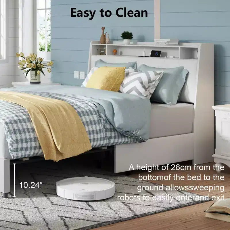 Okak Letto a piattaforma completo/queen size con 4 cassetti portaoggetti rivestiti, con prese di corrente e caricatore, telaio in metallo, non necessita di box spring, silenzioso