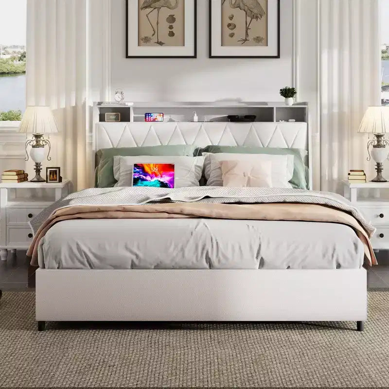 Okak Letto a piattaforma completo/queen size con 4 cassetti portaoggetti rivestiti, con prese di corrente e caricatore, telaio in metallo, non necessita di box spring, silenzioso