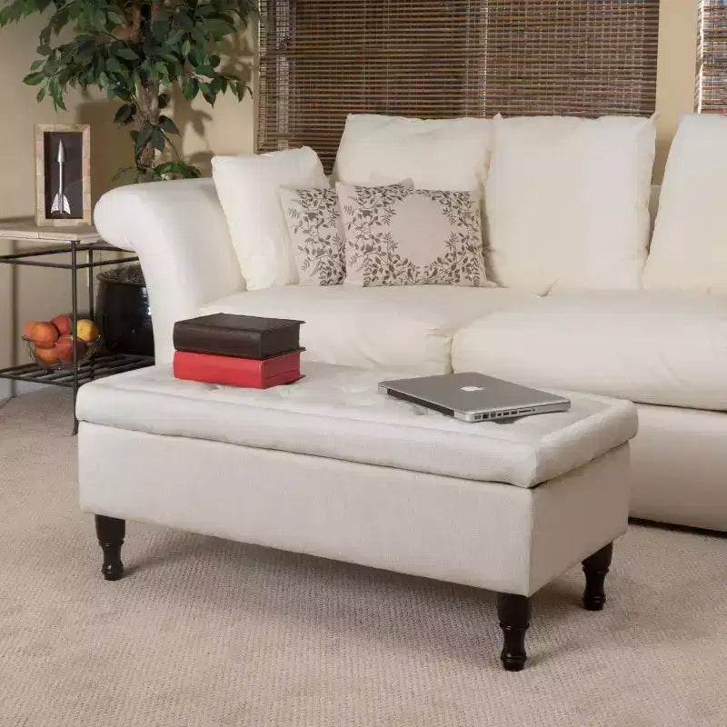 Panca Pouf Contenitore Okak con Bottoni Trapuntati, Sgabello Multifunzionale Imbottito, Panca da Letto con Gambe in Legno a Fuso per Divano Camera da Letto
