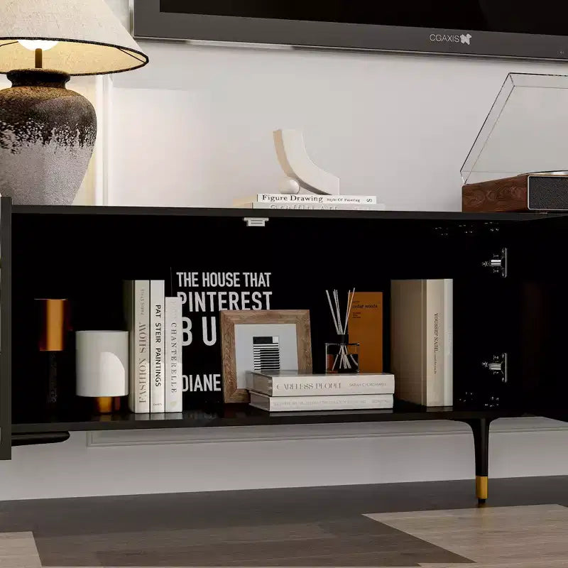 Mobile porta TV Famapy nero con ante a motivo geometrico - Dettagli oro, consolle multimediale moderna