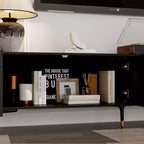 Mobile porta TV Famapy nero con ante a motivo geometrico - Dettagli oro, consolle multimediale moderna