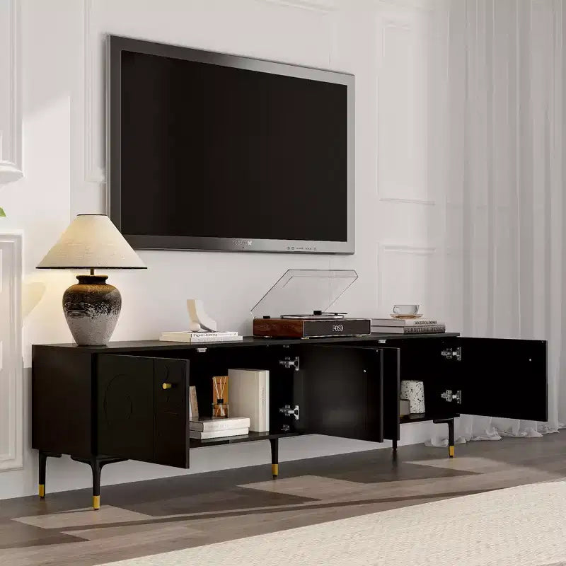 Mobile porta TV Famapy nero con ante a motivo geometrico - Dettagli oro, consolle multimediale moderna