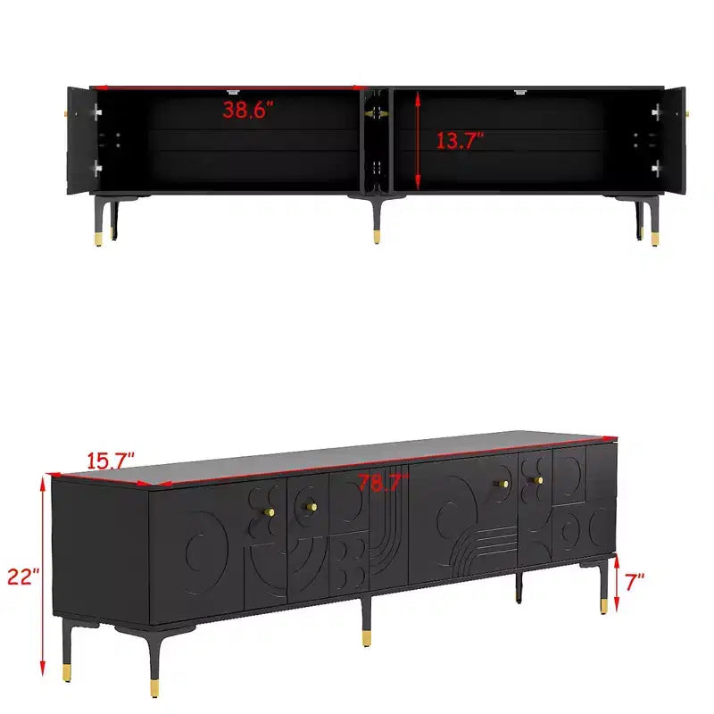 Mobile porta TV Famapy nero con ante a motivo geometrico - Dettagli oro, consolle multimediale moderna
