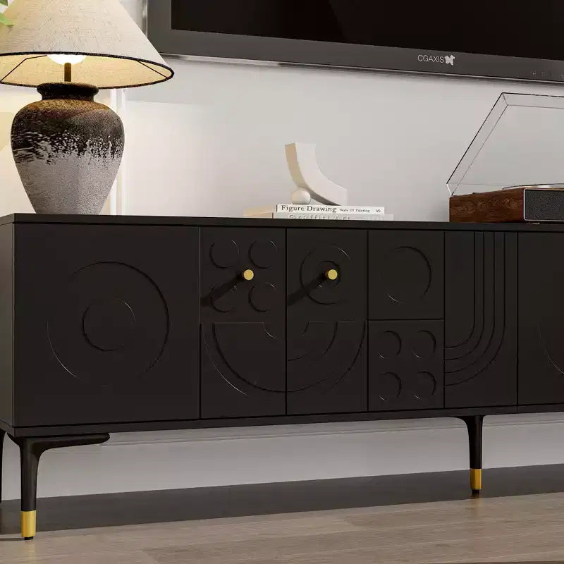 Mobile porta TV Famapy nero con ante a motivo geometrico - Dettagli oro, consolle multimediale moderna