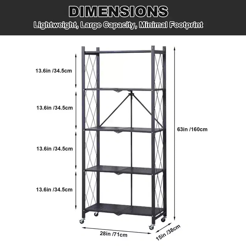 Scaffale portaoggetti a 5 ripiani con ruote, unità di scaffalatura pieghevole in metallo, espositore, nessun montaggio richiesto, organizer per garage, cucina, seminterrato, dispensa