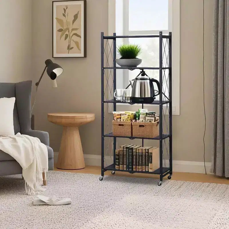 Scaffale portaoggetti a 5 ripiani con ruote, unità di scaffalatura pieghevole in metallo, espositore, nessun montaggio richiesto, organizer per garage, cucina, seminterrato, dispensa