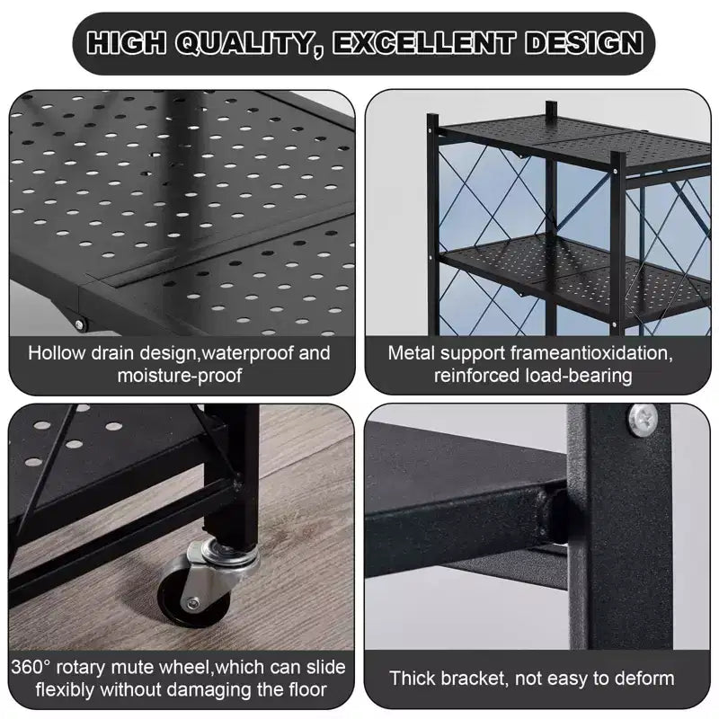 Scaffale portaoggetti a 5 ripiani con ruote, unità di scaffalatura pieghevole in metallo, espositore, nessun montaggio richiesto, organizer per garage, cucina, seminterrato, dispensa