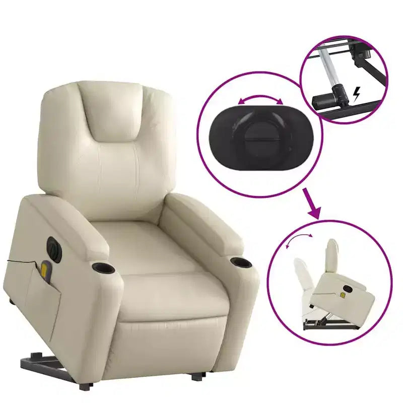 vidaXL Poltrona Relax Elettrica con Massaggio - Reclinabile in Similpelle Crema con Massaggio a Vibrazione, Funzione Alzapersona, Portabicchieri per il Comfort del Soggiorno