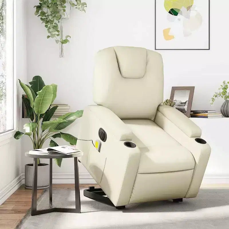 vidaXL Poltrona Relax Elettrica con Massaggio - Reclinabile in Similpelle Crema con Massaggio a Vibrazione, Funzione Alzapersona, Portabicchieri per il Comfort del Soggiorno