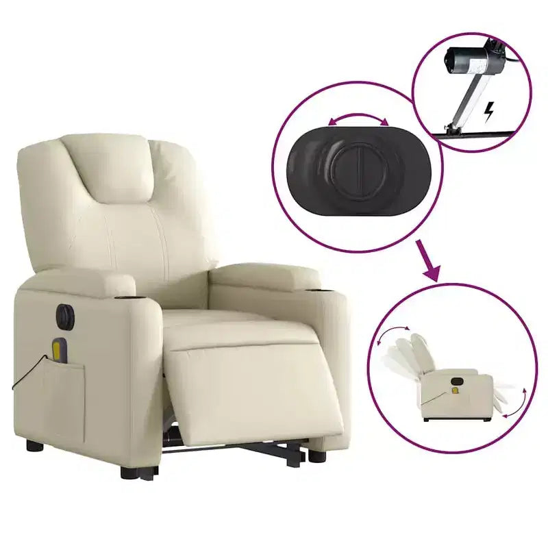 vidaXL Poltrona Relax Elettrica con Massaggio - Reclinabile in Similpelle Crema con Massaggio a Vibrazione, Funzione Alzapersona, Portabicchieri per il Comfort del Soggiorno