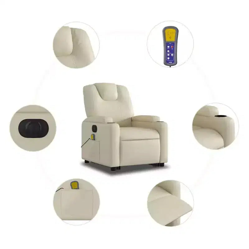 vidaXL Poltrona Relax Elettrica con Massaggio - Reclinabile in Similpelle Crema con Massaggio a Vibrazione, Funzione Alzapersona, Portabicchieri per il Comfort del Soggiorno