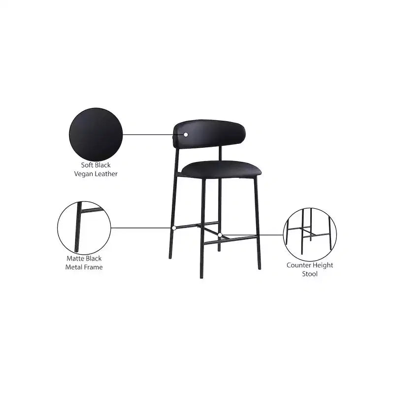 Meridian Furniture, Sgabello da bancone Lupita in pelle vegana nera, set da 2