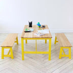 VEVOR Set Tavolo e Panca per Bambini, Tavolo e Sedie per Bambini Piccoli Set da 3, Tavolo Attività in Legno per Arte, Artigianato, Lettura, Apprendimento, Colore Legno Chiaro+Giallo