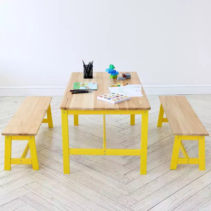 VEVOR Set Tavolo e Panca per Bambini, Tavolo e Sedie per Bambini Piccoli Set da 3, Tavolo Attività in Legno per Arte, Artigianato, Lettura, Apprendimento, Colore Legno Chiaro+Giallo