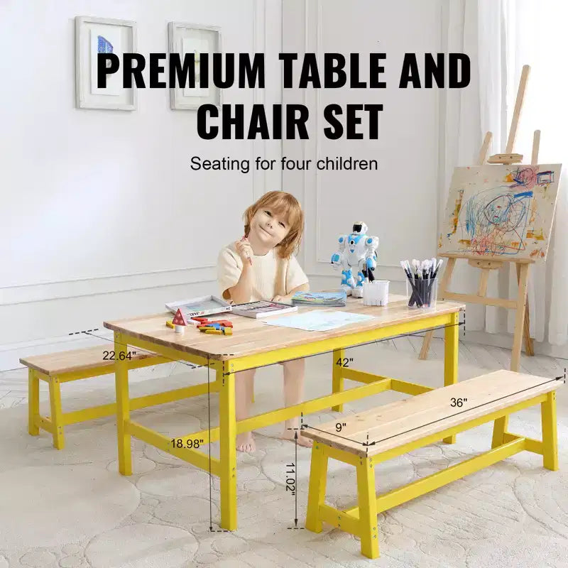VEVOR Set Tavolo e Panca per Bambini, Tavolo e Sedie per Bambini Piccoli Set da 3, Tavolo Attività in Legno per Arte, Artigianato, Lettura, Apprendimento, Colore Legno Chiaro+Giallo