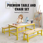 VEVOR Set Tavolo e Panca per Bambini, Tavolo e Sedie per Bambini Piccoli Set da 3, Tavolo Attività in Legno per Arte, Artigianato, Lettura, Apprendimento, Colore Legno Chiaro+Giallo