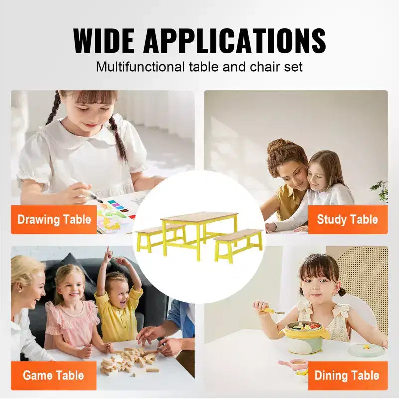 VEVOR Set Tavolo e Panca per Bambini, Tavolo e Sedie per Bambini Piccoli Set da 3, Tavolo Attività in Legno per Arte, Artigianato, Lettura, Apprendimento, Colore Legno Chiaro+Giallo
