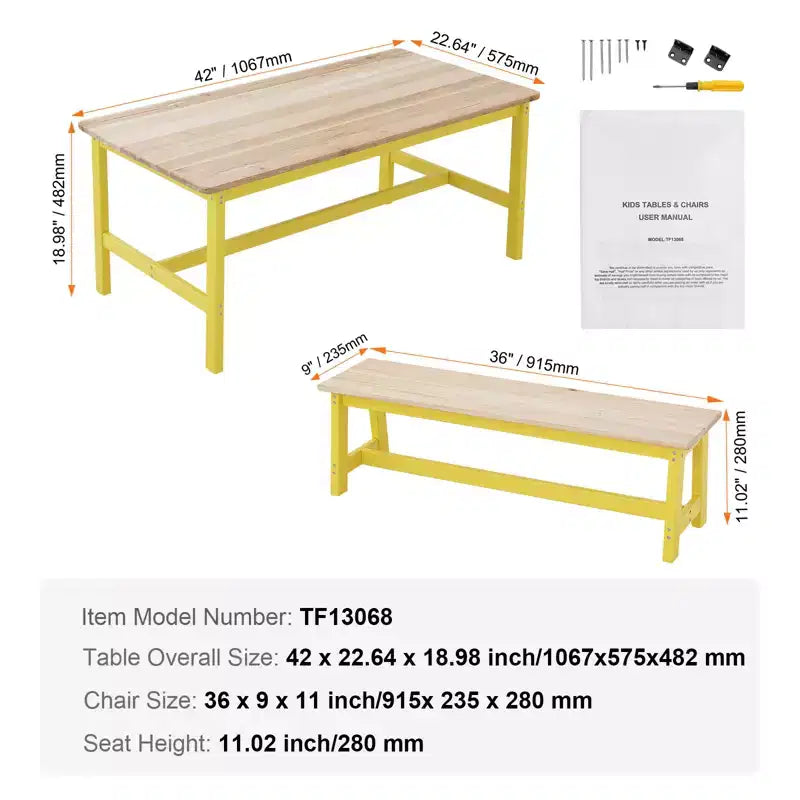 VEVOR Set Tavolo e Panca per Bambini, Tavolo e Sedie per Bambini Piccoli Set da 3, Tavolo Attività in Legno per Arte, Artigianato, Lettura, Apprendimento, Colore Legno Chiaro+Giallo