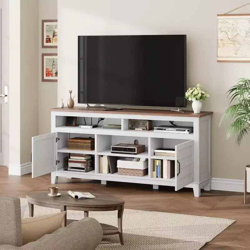Mobile TV moderno da 65 pollici | Porte doppie semi-aperte e 8 scomparti | 3 ripiani regolabili | PB+MDF | per soggiorno e camera da letto