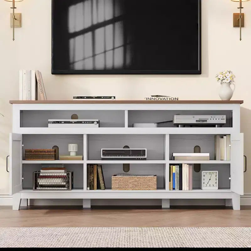 Mobile TV moderno da 65 pollici | Porte doppie semi-aperte e 8 scomparti | 3 ripiani regolabili | PB+MDF | per soggiorno e camera da letto