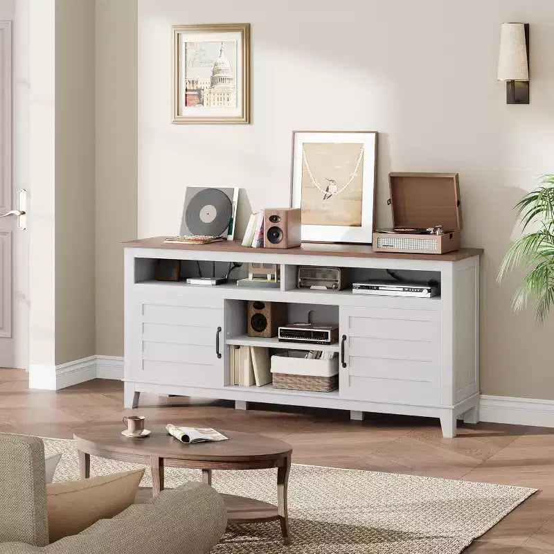 Mobile TV moderno da 65 pollici | Porte doppie semi-aperte e 8 scomparti | 3 ripiani regolabili | PB+MDF | per soggiorno e camera da letto