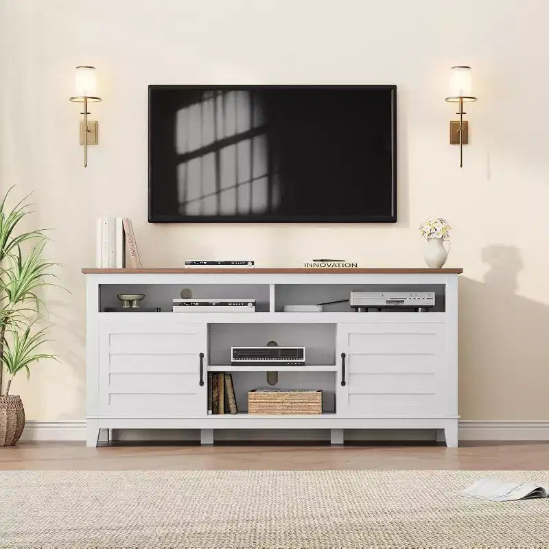Mobile TV moderno da 65 pollici | Porte doppie semi-aperte e 8 scomparti | 3 ripiani regolabili | PB+MDF | per soggiorno e camera da letto