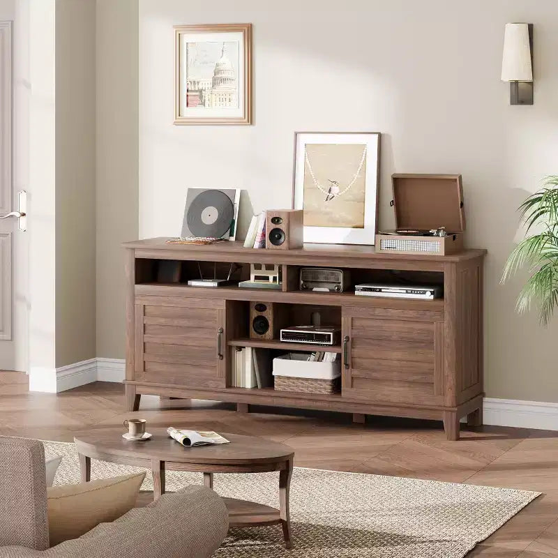 Mobile TV moderno da 65 pollici | Porte doppie semi-aperte e 8 scomparti | 3 ripiani regolabili | PB+MDF | per soggiorno e camera da letto