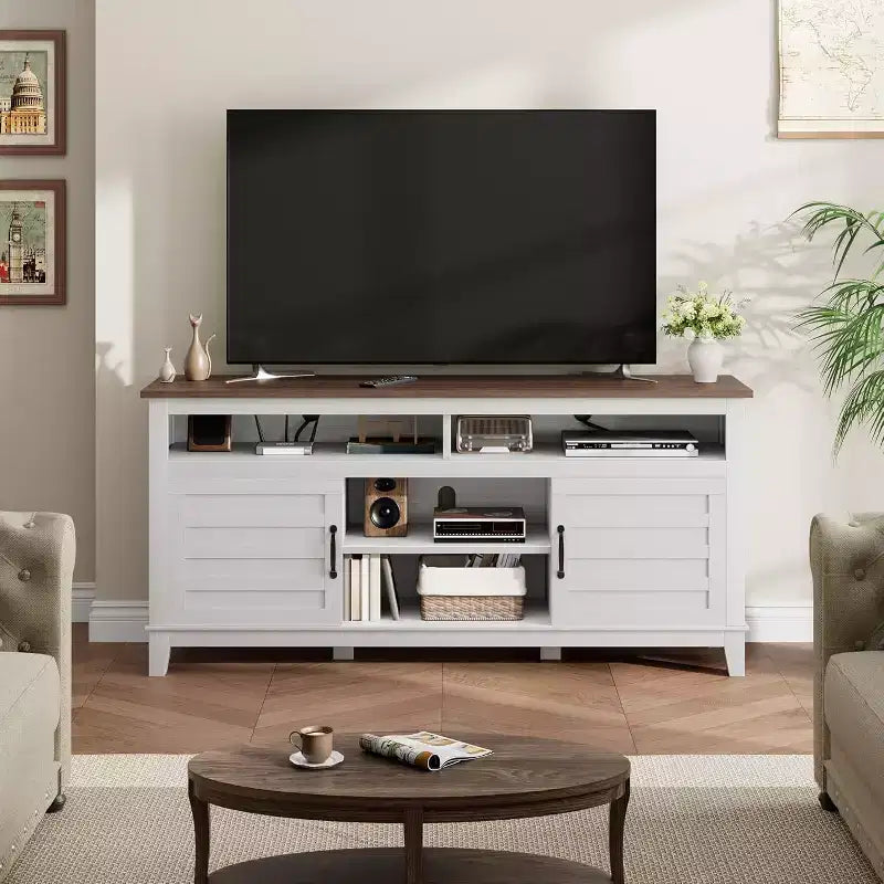 Mobile TV moderno da 65 pollici | Porte doppie semi-aperte e 8 scomparti | 3 ripiani regolabili | PB+MDF | per soggiorno e camera da letto