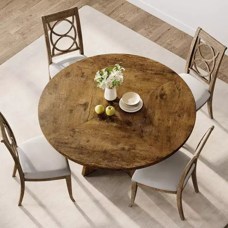 Set Tavolo da Pranzo Rotondo Grande da 120 cm per 4-6 Persone, Tavolo da Cena Stile Fattoria con Piano e Gambe in Legno - (Sedie Escluse)