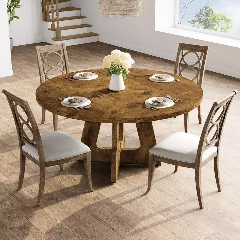 Set Tavolo da Pranzo Rotondo Grande da 120 cm per 4-6 Persone, Tavolo da Cena Stile Fattoria con Piano e Gambe in Legno - (Sedie Escluse)