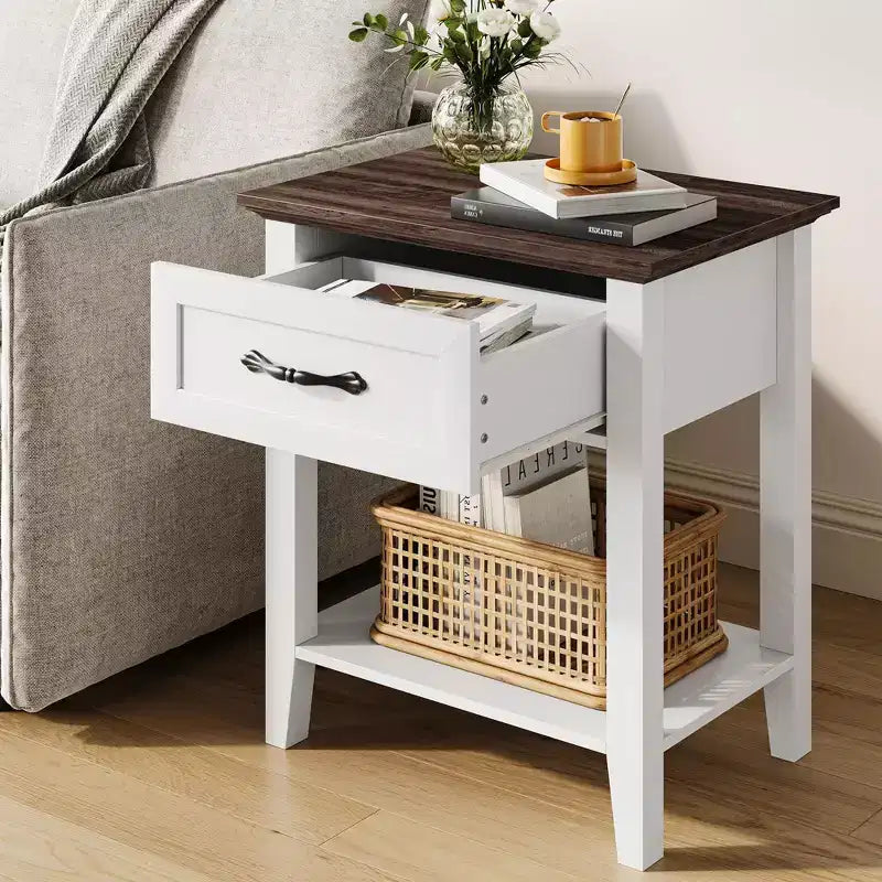 Comodini set da 2, tavolino con cassetto, tavolino laterale per spazi, scaffali portaoggetti a 2 livelli con cassettiera, comodino