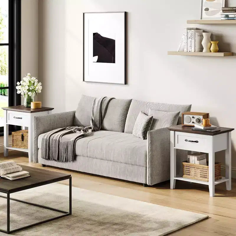 Comodini set da 2, tavolino con cassetto, tavolino laterale per spazi, scaffali portaoggetti a 2 livelli con cassettiera, comodino