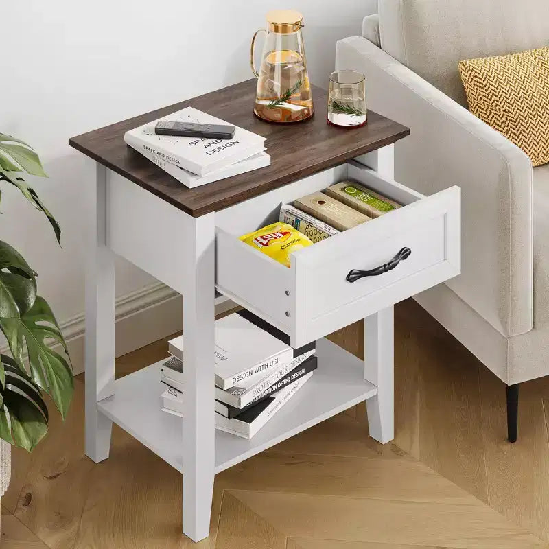 Comodini set da 2, tavolino con cassetto, tavolino laterale per spazi, scaffali portaoggetti a 2 livelli con cassettiera, comodino