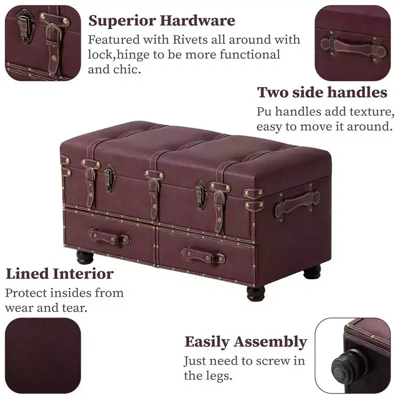COZAYH Panca contenitore vintage, pouf in legno imbottito, cassa imbottita per ingresso, camera da letto, soggiorno, stile Mid-Century, magenta scuro