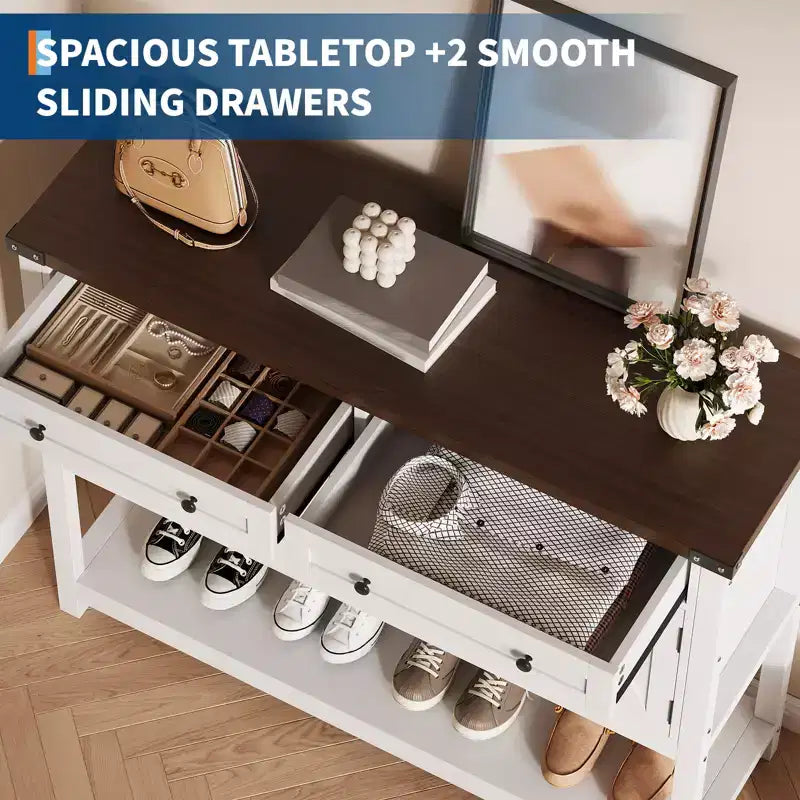 47.2 Tavolo consolle rustico, con 2 cassetti, 4 ante e ripiano aperto, mobile bar per caffè, credenza stretta per cucina, corridoio, soggiorno