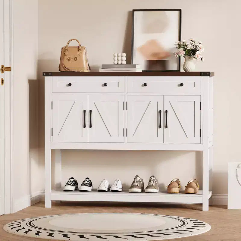 47.2 Tavolo consolle rustico, con 2 cassetti, 4 ante e ripiano aperto, mobile bar per caffè, credenza stretta per cucina, corridoio, soggiorno