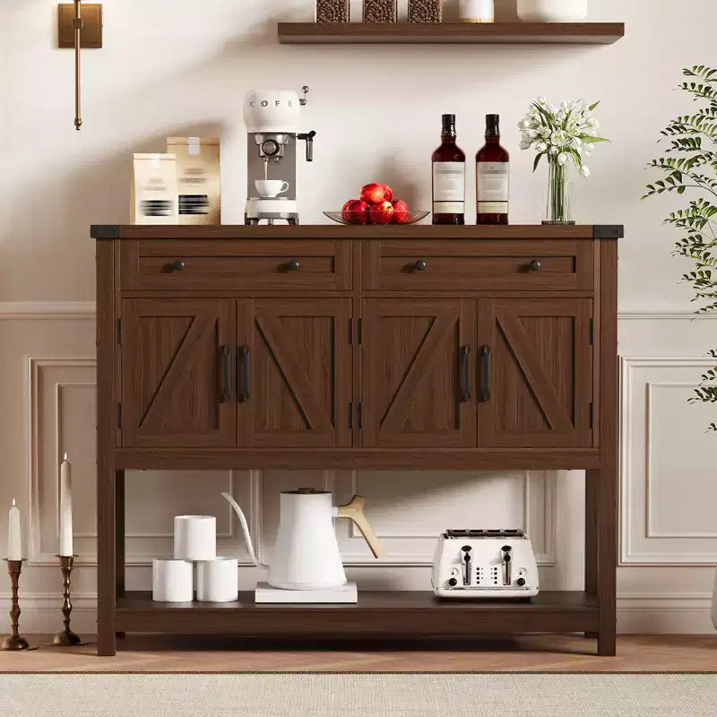 47.2 Tavolo consolle rustico, con 2 cassetti, 4 ante e ripiano aperto, mobile bar per caffè, credenza stretta per cucina, corridoio, soggiorno