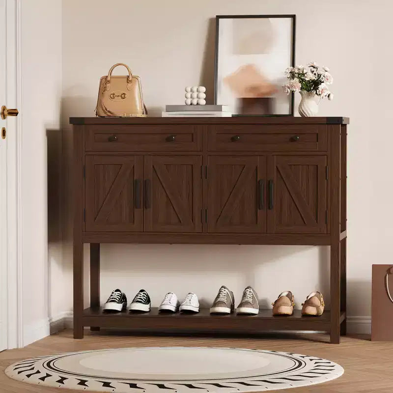 47.2 Tavolo consolle rustico, con 2 cassetti, 4 ante e ripiano aperto, mobile bar per caffè, credenza stretta per cucina, corridoio, soggiorno
