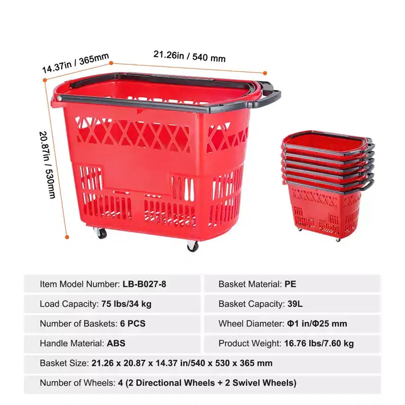 Cesti per la spesa VEVOR, 6 PEZZI, carrelli della spesa da 39 litri con manici, cesto per la spesa in plastica con ruote, set di cesti per la spesa grandi e portatili, rosso