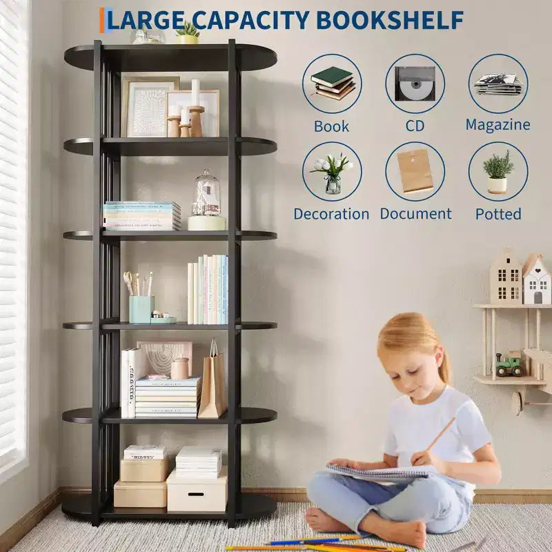 Libreria a 6 Ripiani, Scaffale Organizzatore per Ufficio, Unità di Archiviazione Autoportante per Camera da Letto, Soggiorno e Ufficio