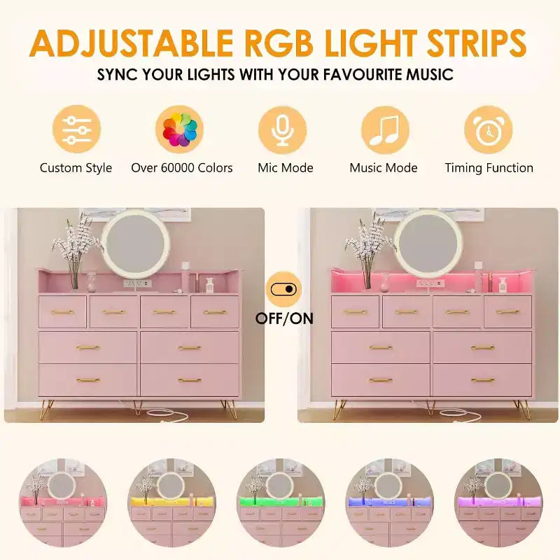 Cassettiera DobleePy Rosa a 8 Cassetti con Stazione di Ricarica, Luci LED RGB, Cassettone Largo per Camera da Letto, Toilette o Postazione Gaming